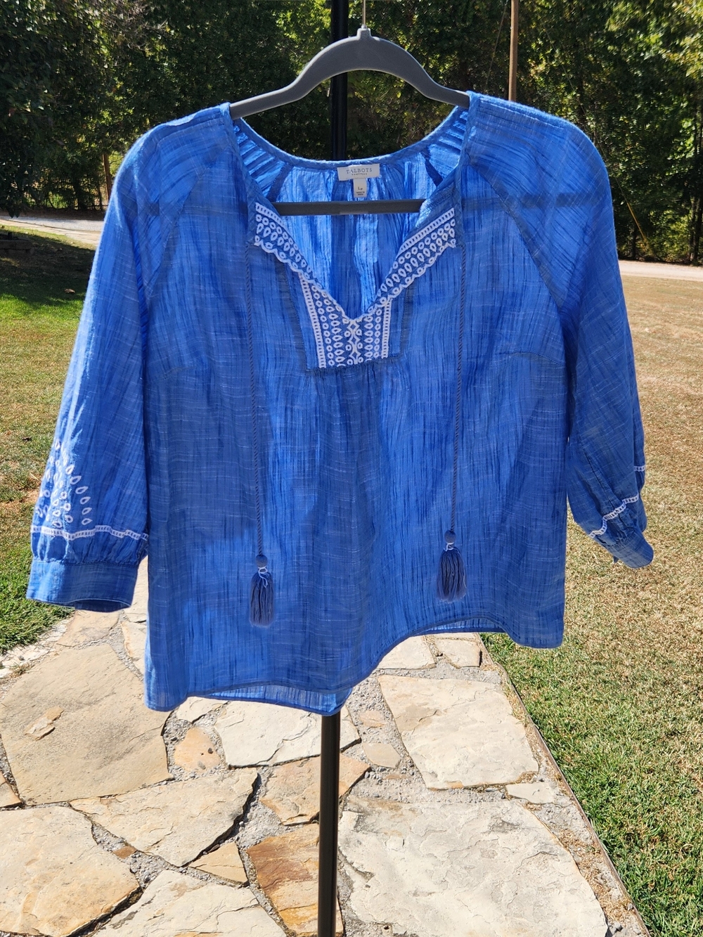 Talbots Petite Blue Slub Knit Embroidered Peasant Blouse with Tassels - Size L